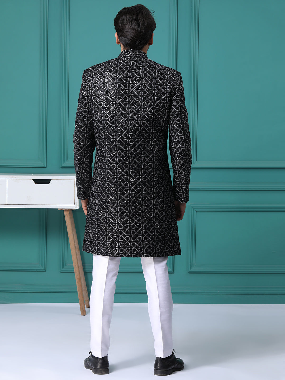 Black with Silver Embellished Mens Indo Western with Pant