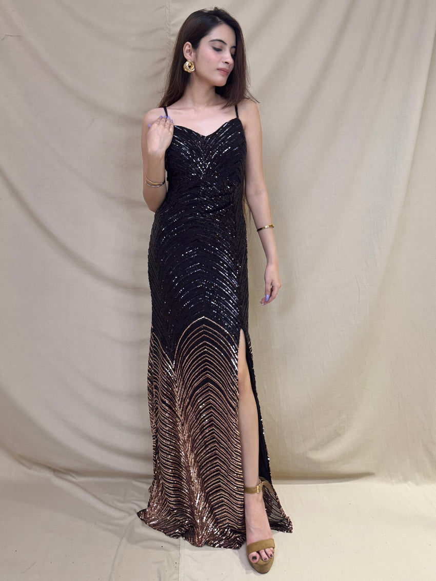 Black And Rose Gold Sequin Western Dress With A Slit