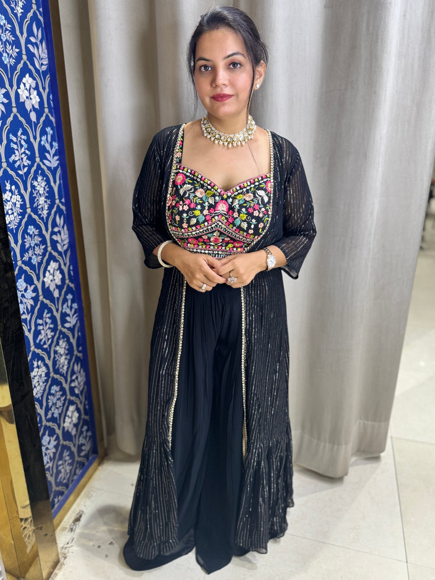 Black Indo Western dress with long shrug and multi colored thread embroidery on bustier and belt of palazzo