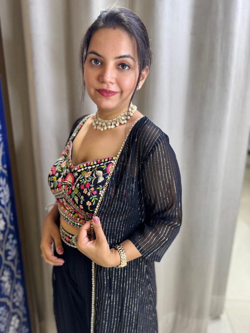 Black Indo Western dress with long shrug and multi colored thread embroidery on bustier and belt of palazzo
