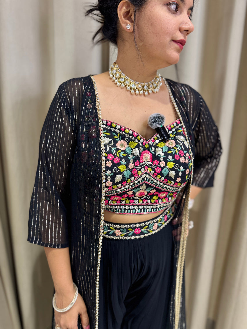 Black Indo Western dress with long shrug and multi colored thread embroidery on bustier and belt of palazzo