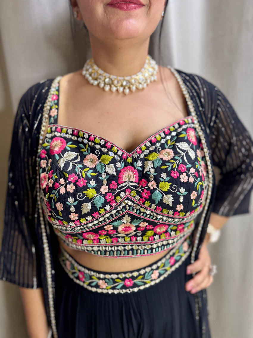 Black Indo Western dress with long shrug and multi colored thread embroidery on bustier and belt of palazzo