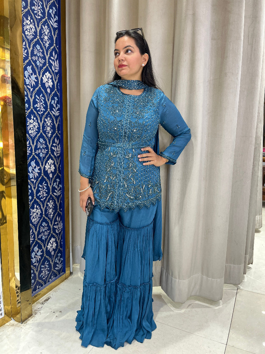 Blue Crepe Sharara Suit