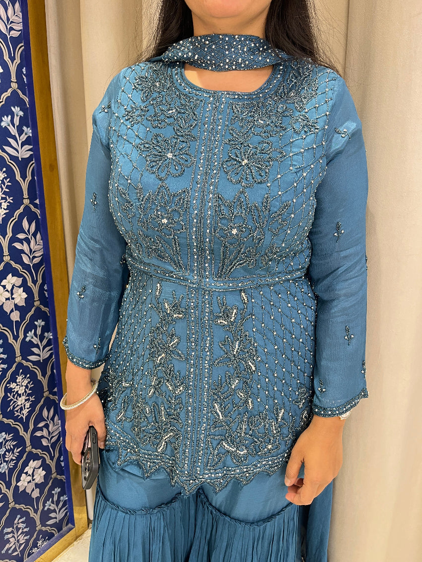 Blue Crepe Sharara Suit