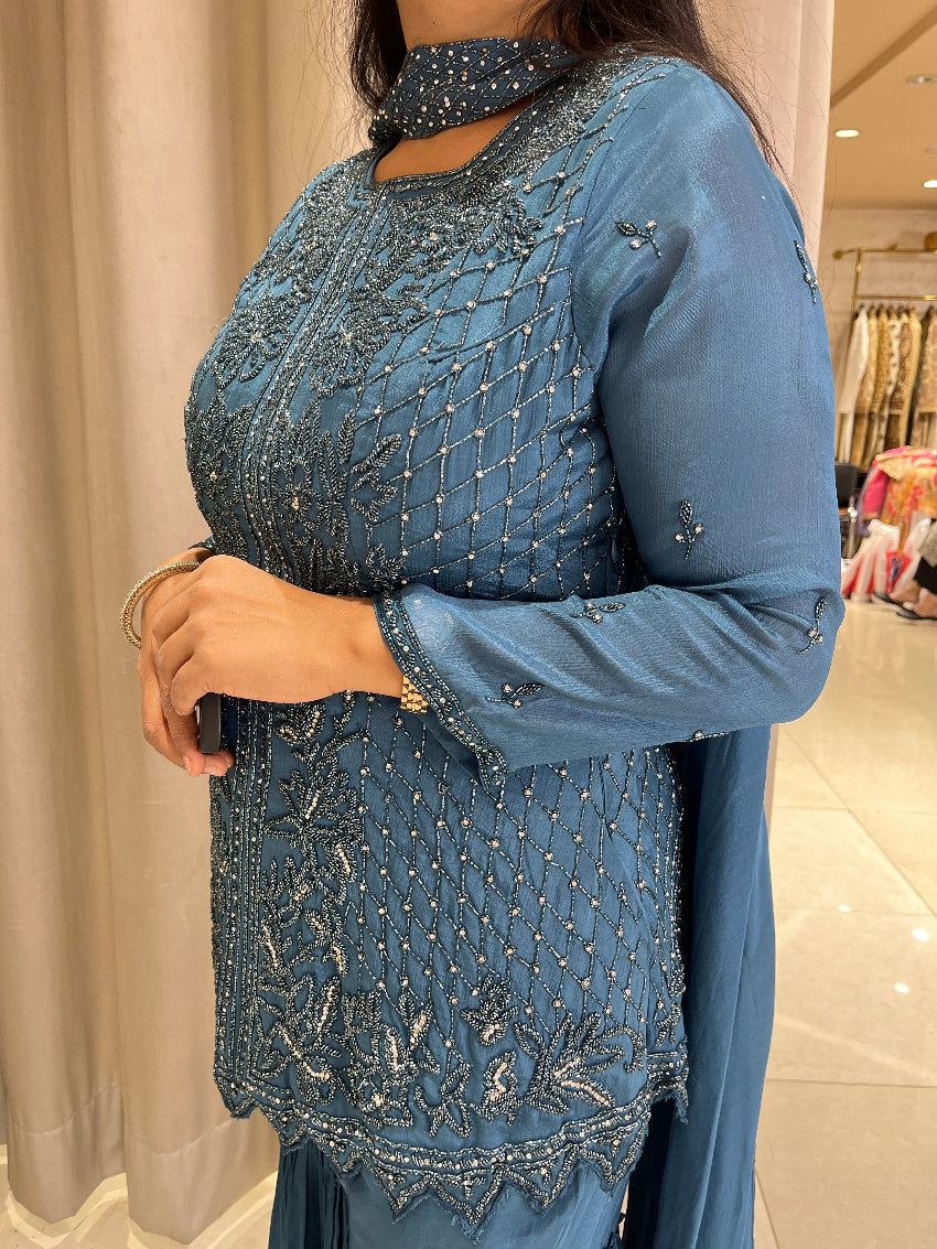 Blue Crepe Sharara Suit