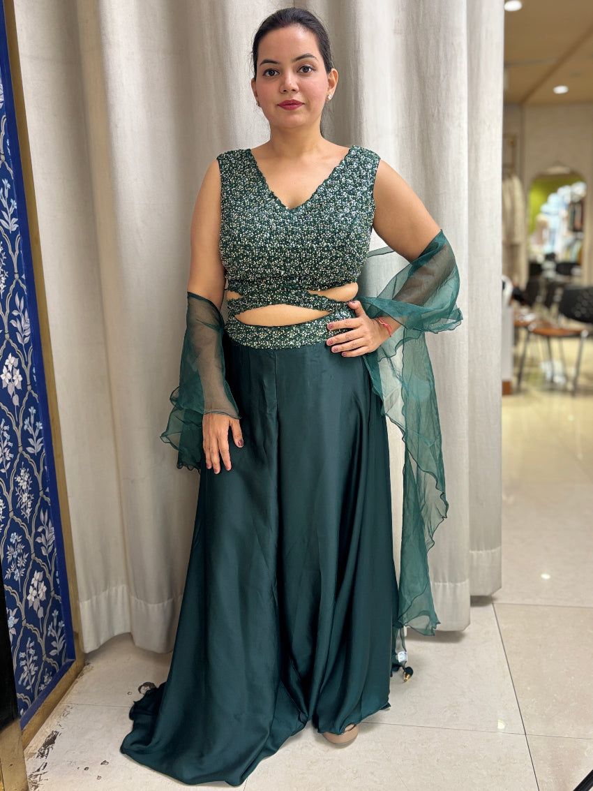 Bottle Green Indo Western with flared palazzo and heavy embroidered blouse