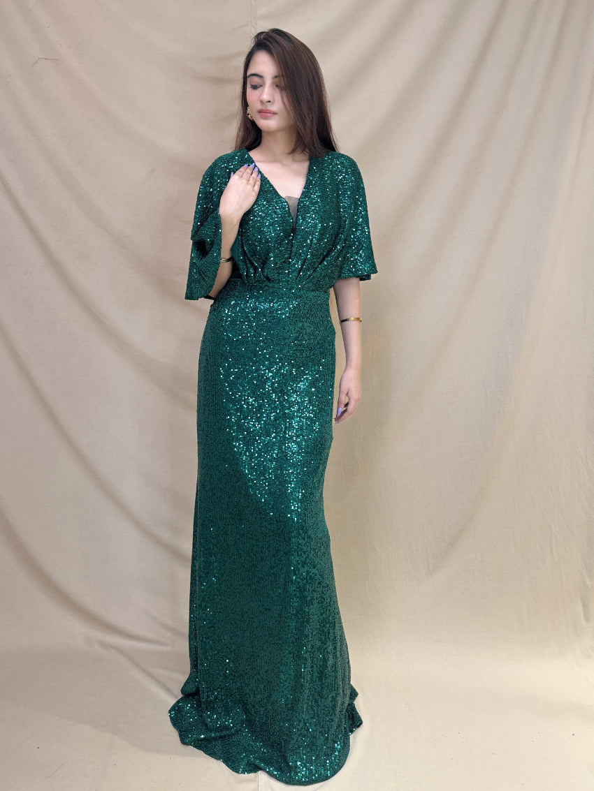Bottle Green Sequin Western Dress With Cape Style Sleeves