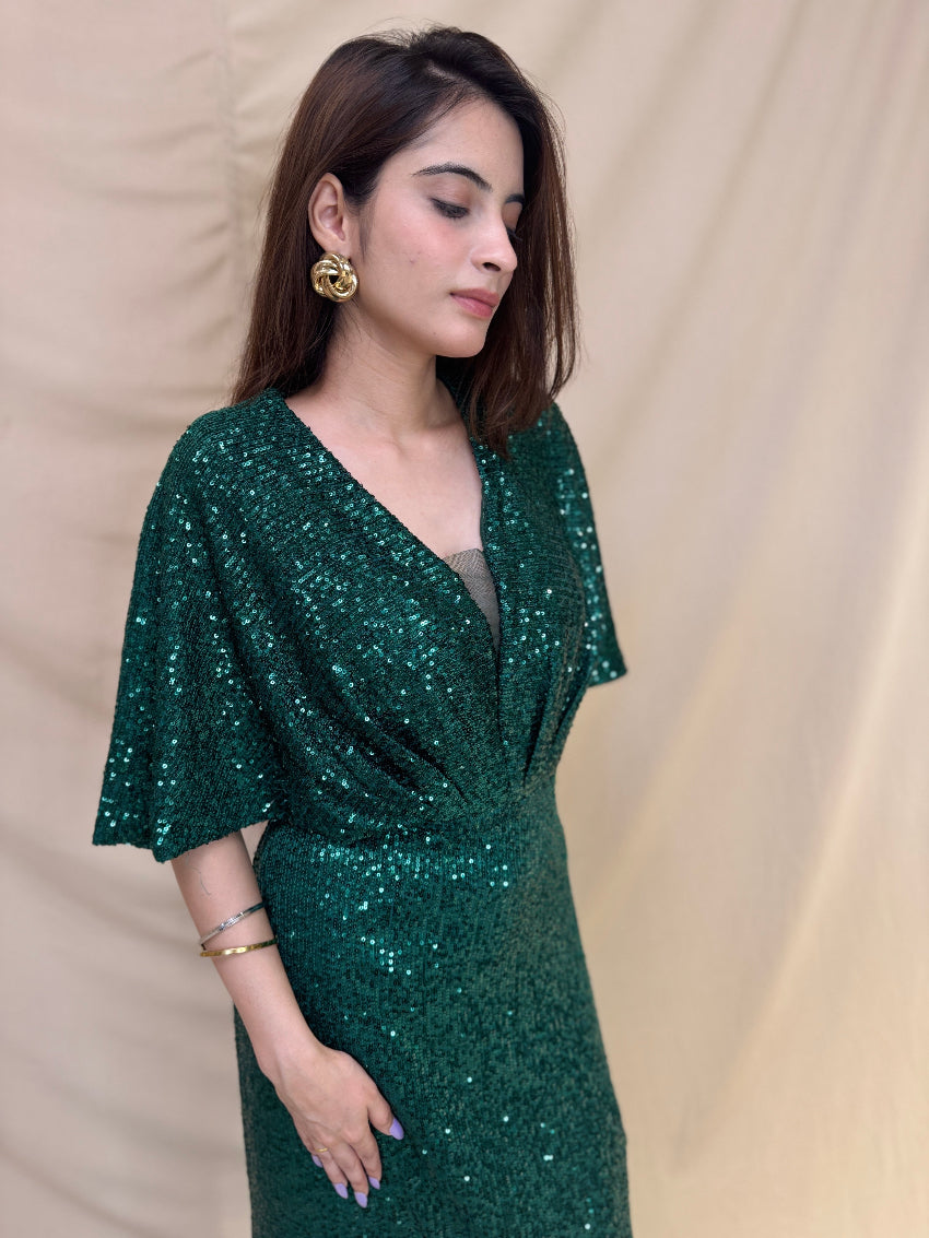 Bottle Green Sequin Western Dress With Cape Style Sleeves