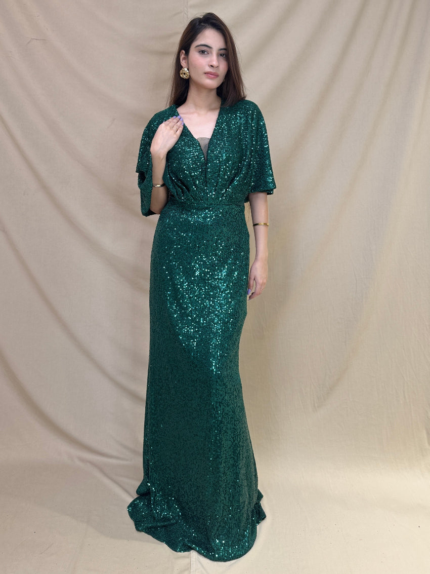 Bottle Green Sequin Western Dress With Cape Style Sleeves
