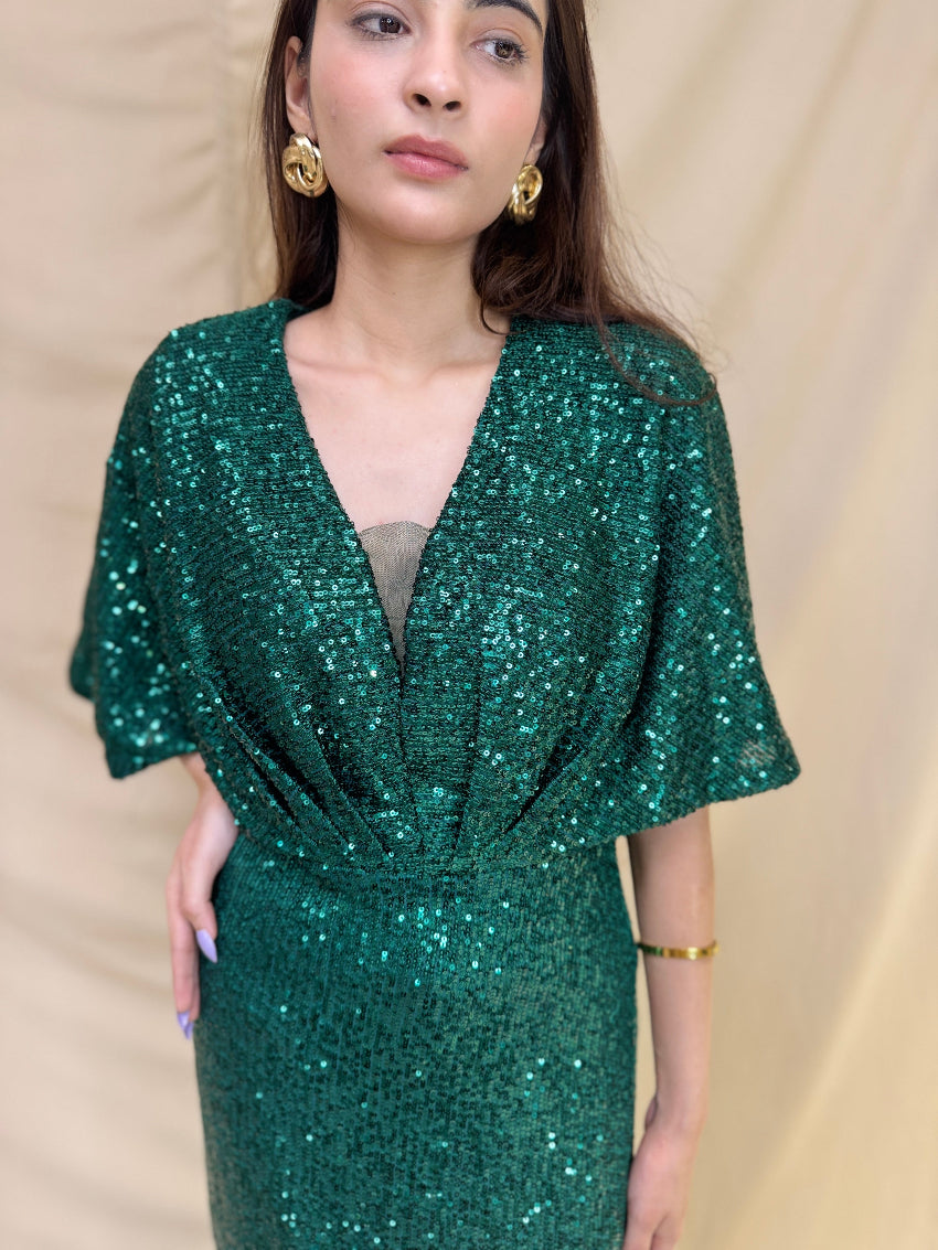 Bottle Green Sequin Western Dress With Cape Style Sleeves