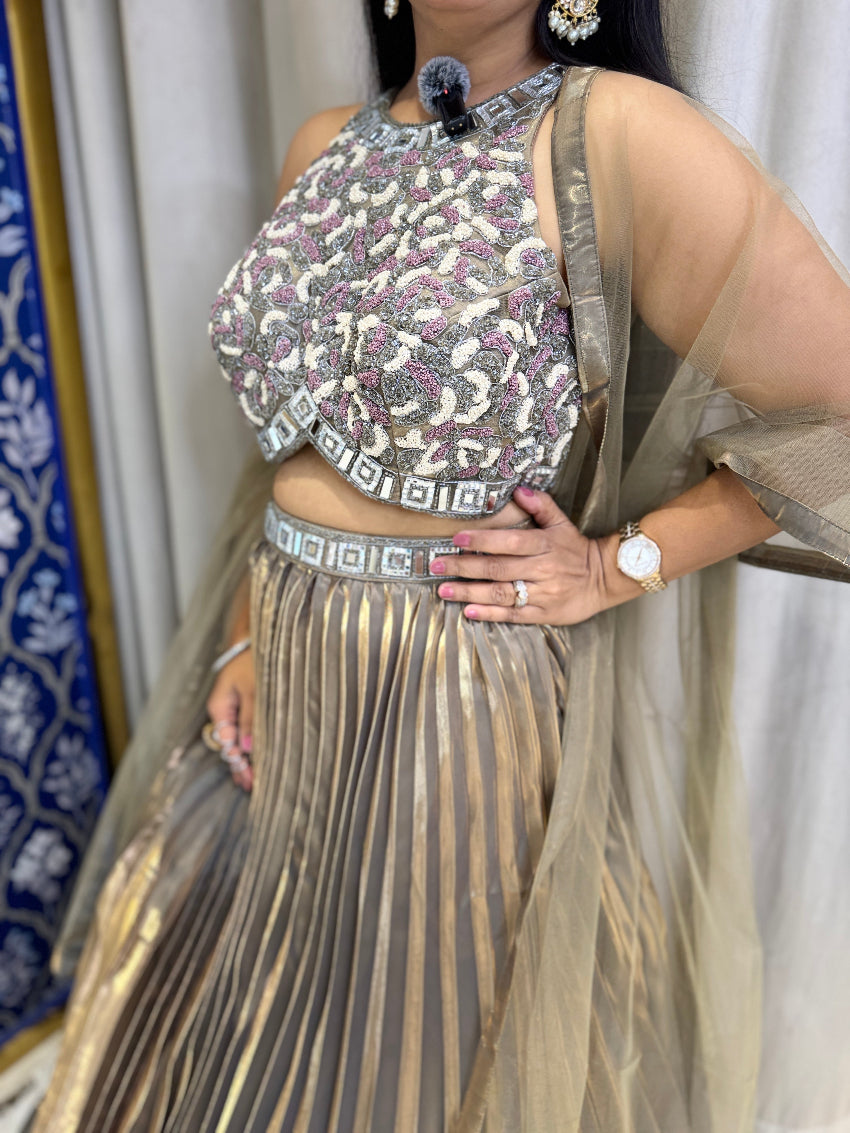 Copper Golden color Heavy embroidered crop top with pleated glass tissue skirt