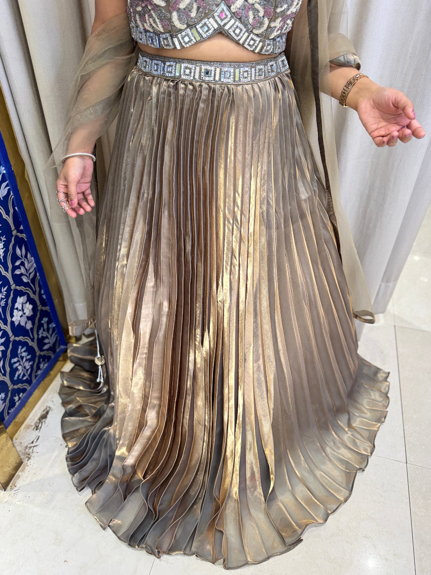 Copper Golden color Heavy embroidered crop top with pleated glass tissue skirt