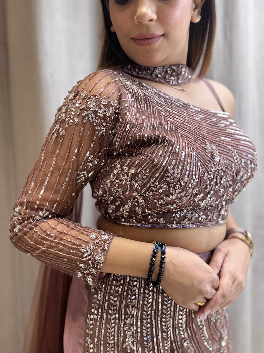 Copper color fish cut lehenga with handwork