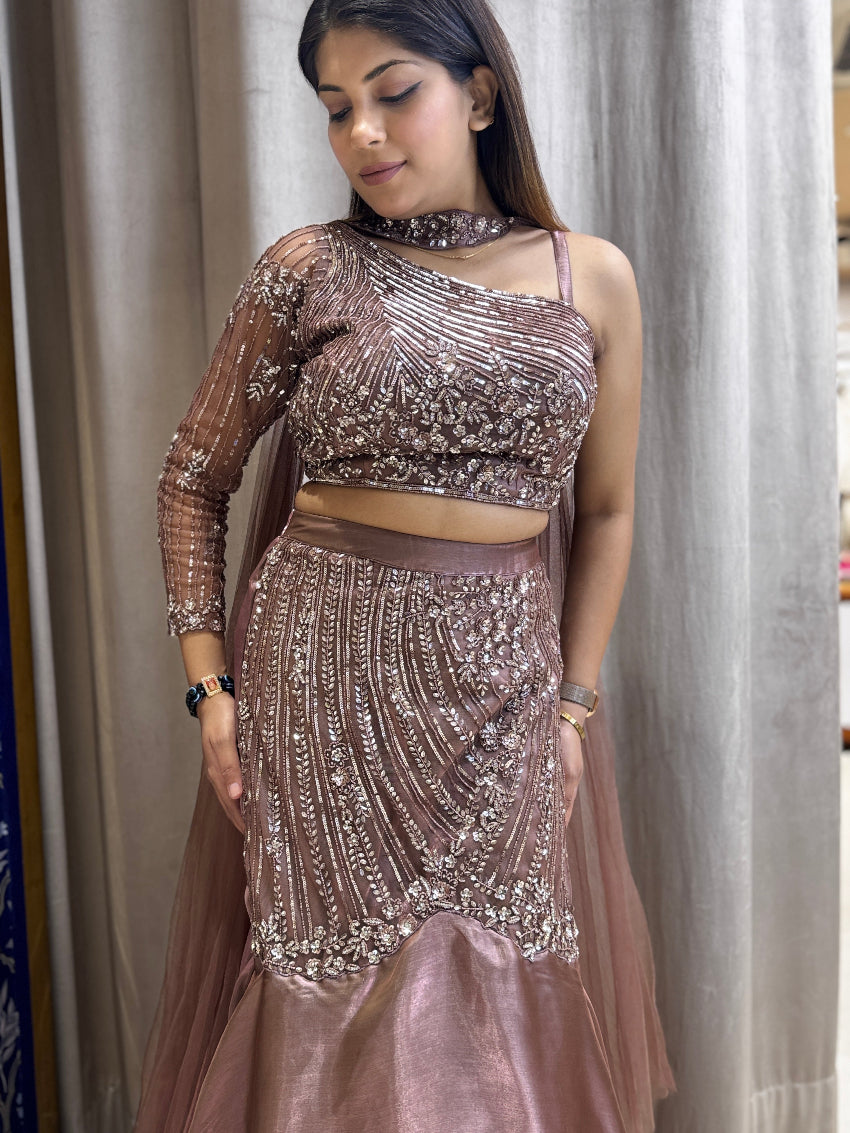 Copper color fish cut lehenga with handwork