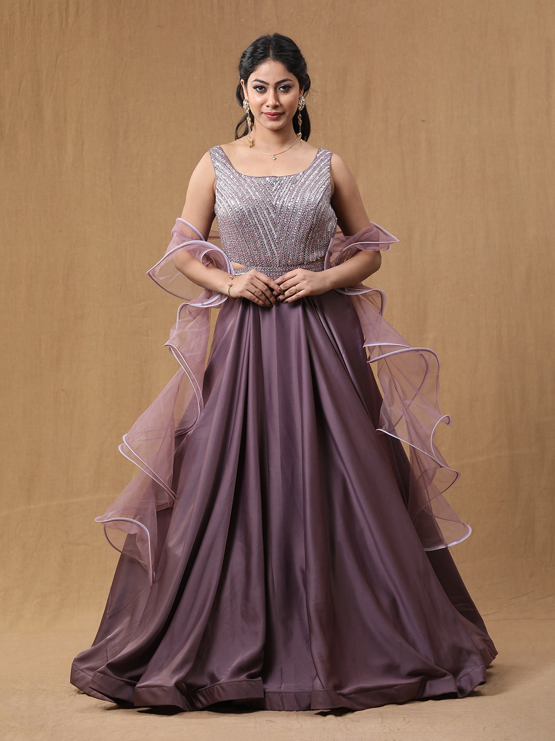 Dark Lavender Satin Handwork Dress