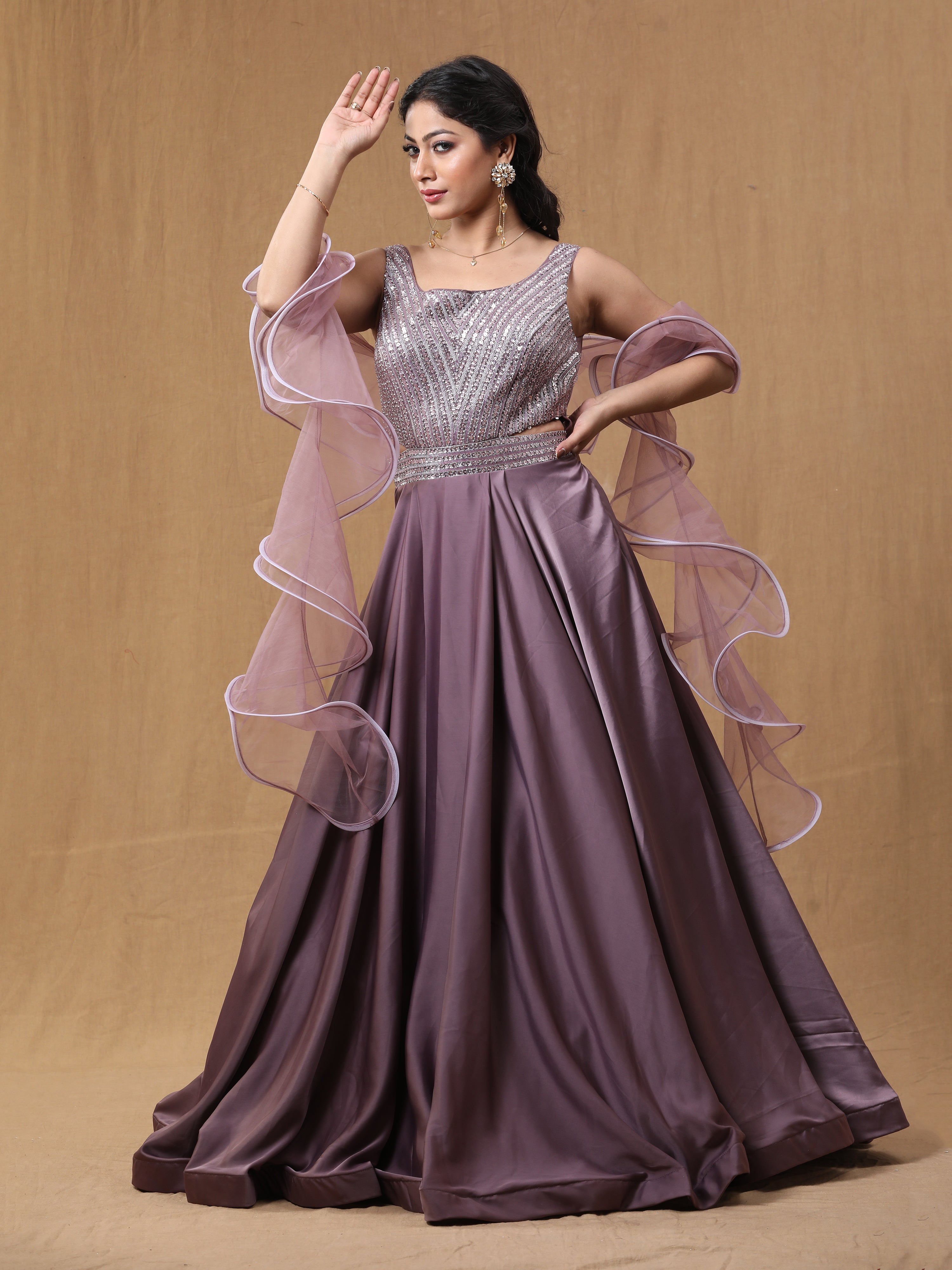 Dark Lavender Satin Handwork Dress