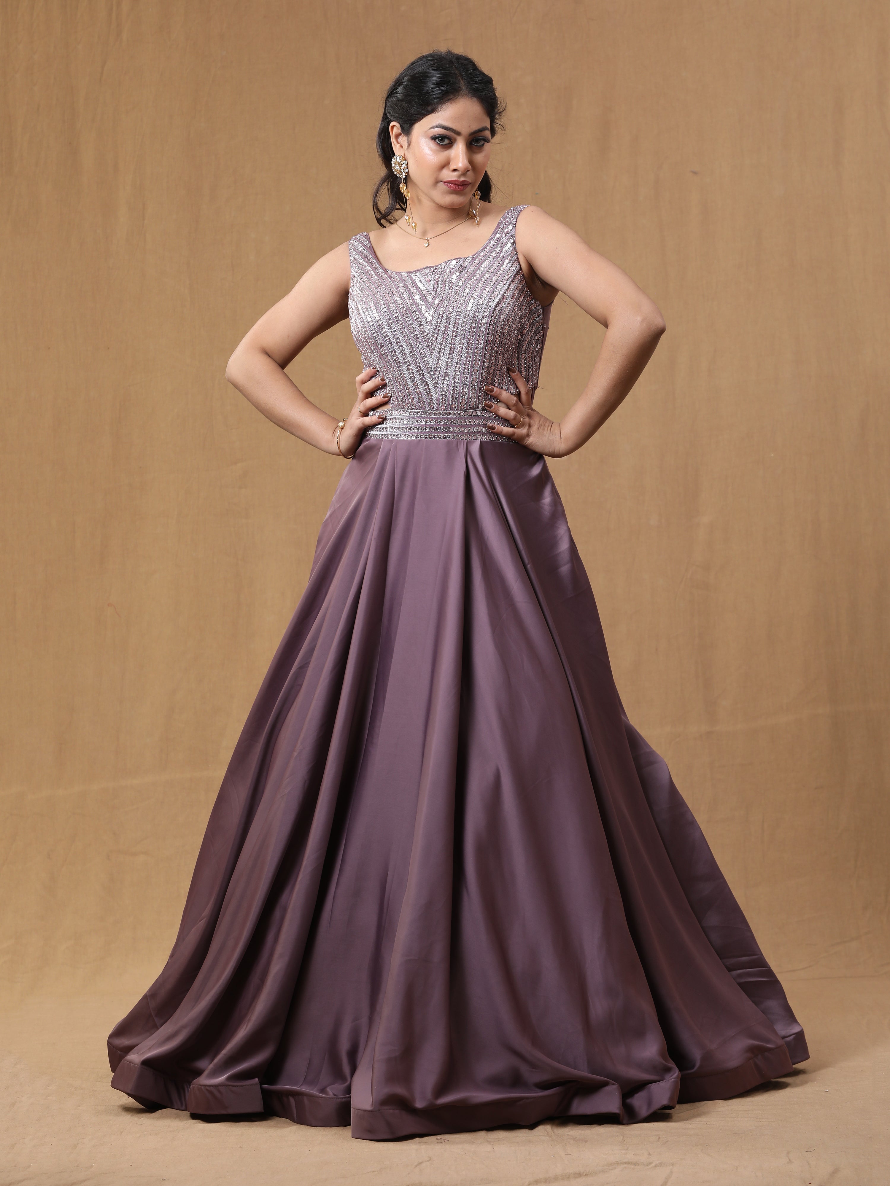 Dark Lavender Satin Handwork Dress