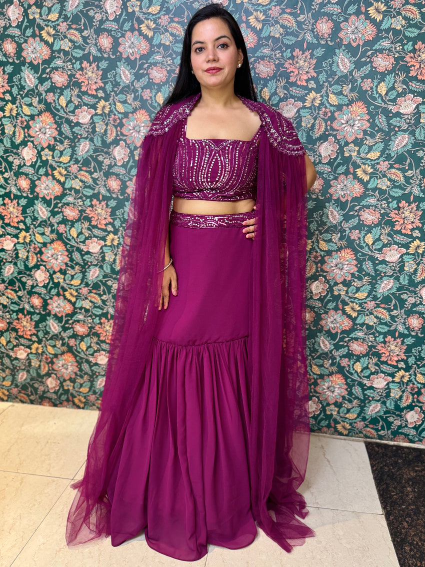 Dark Magenta Fish cut skirt with blouse and net cape