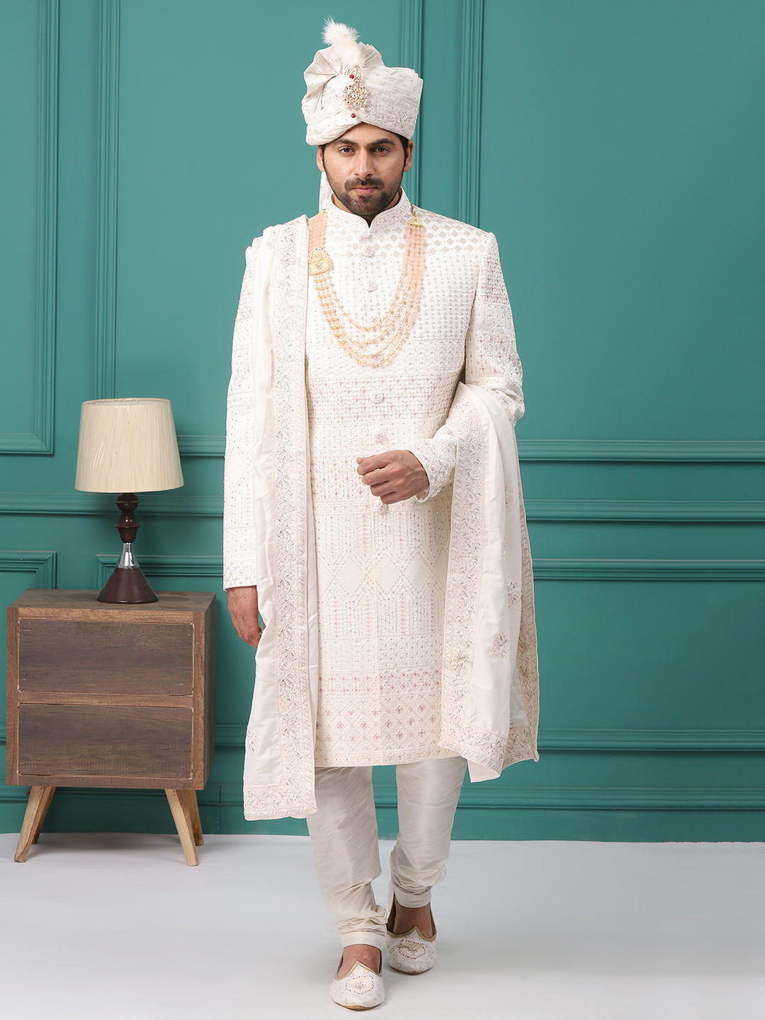 Embellished Peach Pink Work Ivory Groom Sherwani