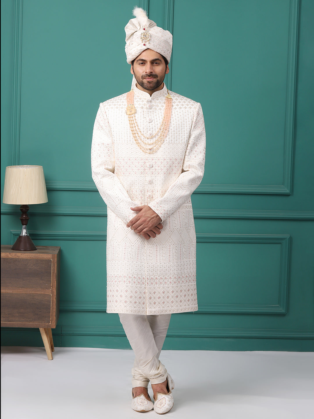 Embellished Peach Pink Work Ivory Groom Sherwani