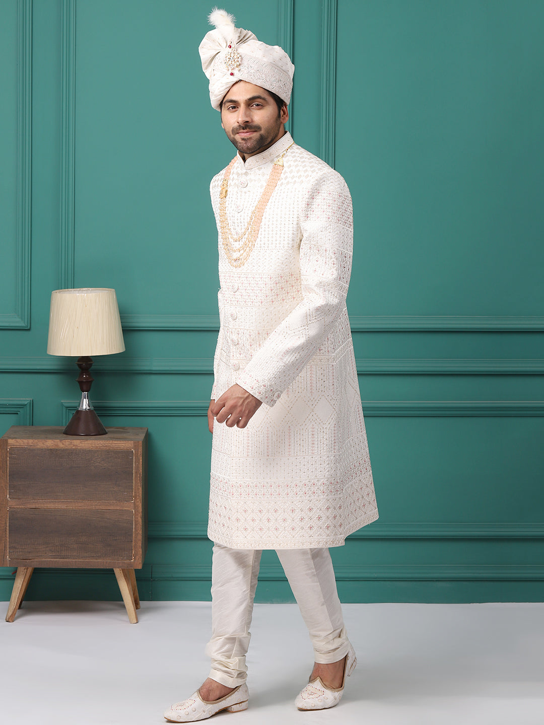 Embellished Peach Pink Work Ivory Groom Sherwani