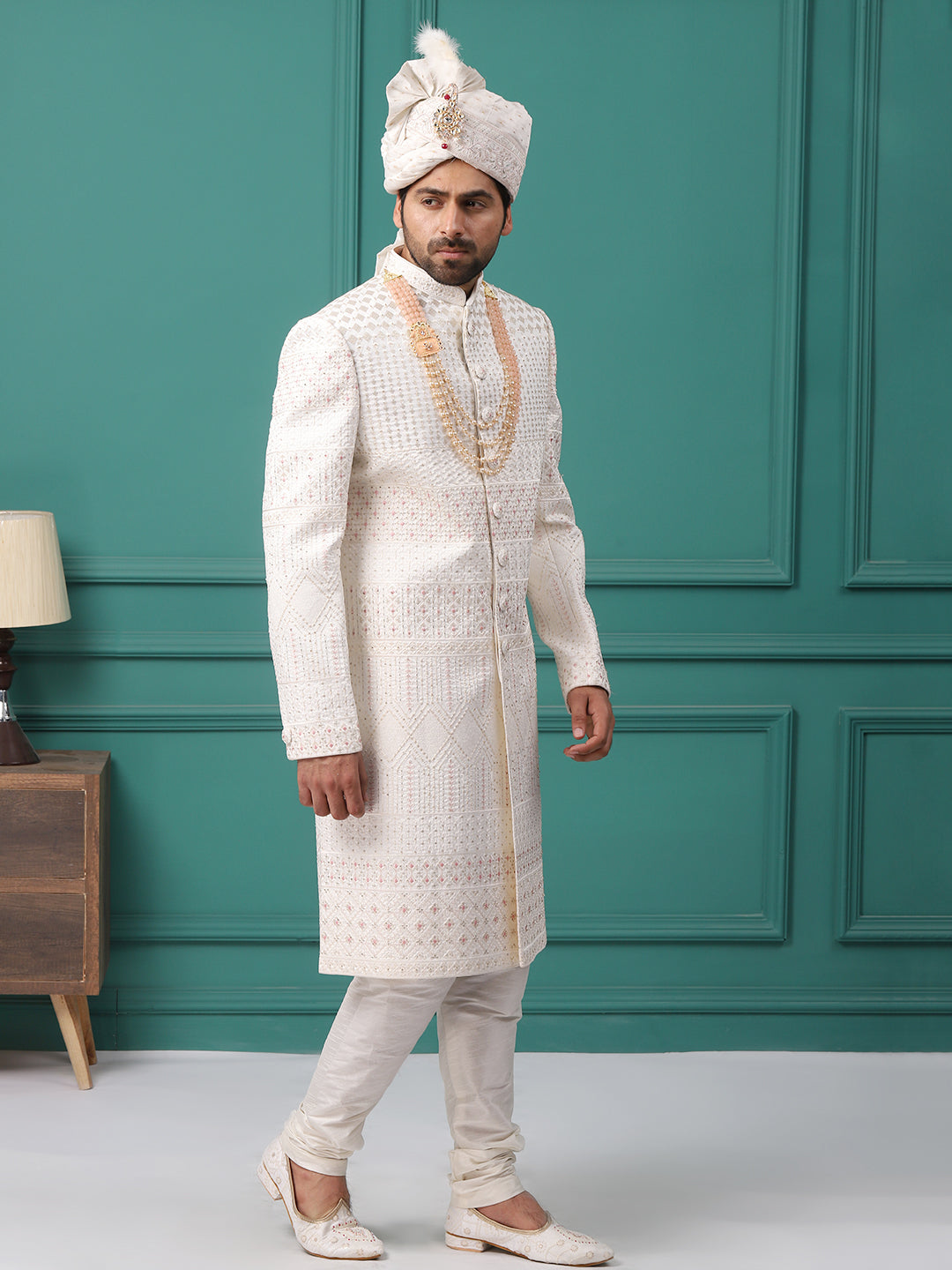Embellished Peach Pink Work Ivory Groom Sherwani
