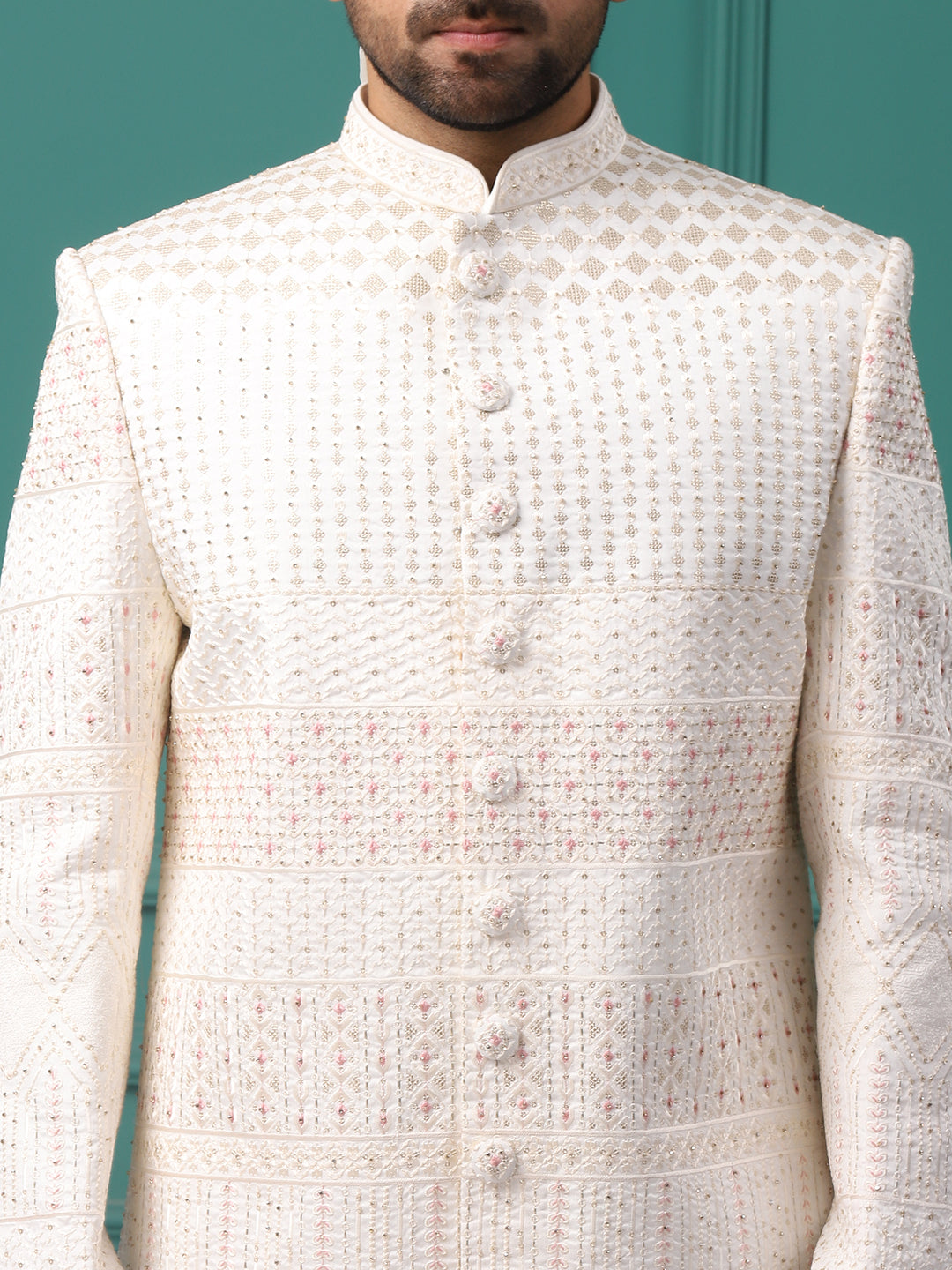 Embellished Peach Pink Work Ivory Groom Sherwani