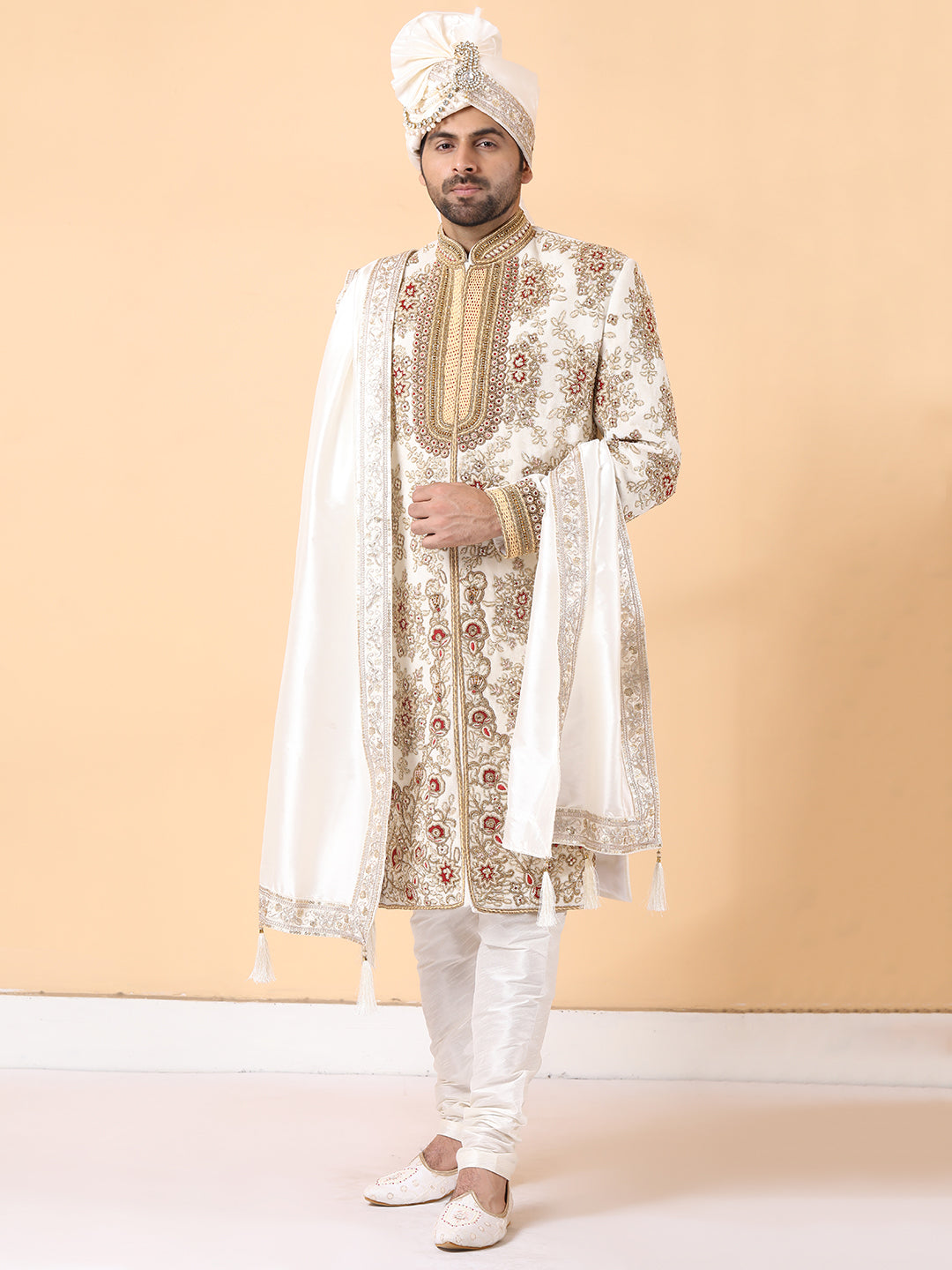 Exquisite Ivory Groom Sherwani with Zardosi & Dabka Handwork
