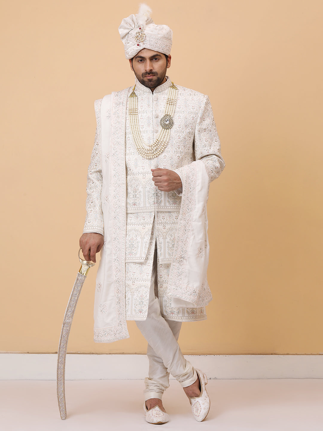 Exquisite Multi Layer Ivory Embellished Groom Sherwani