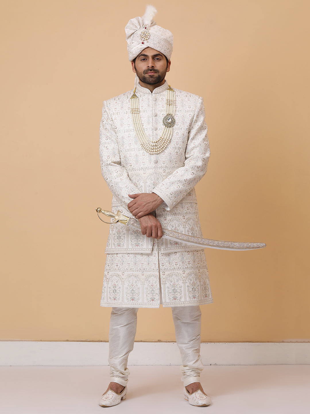 Exquisite Multi Layer Ivory Embellished Groom Sherwani