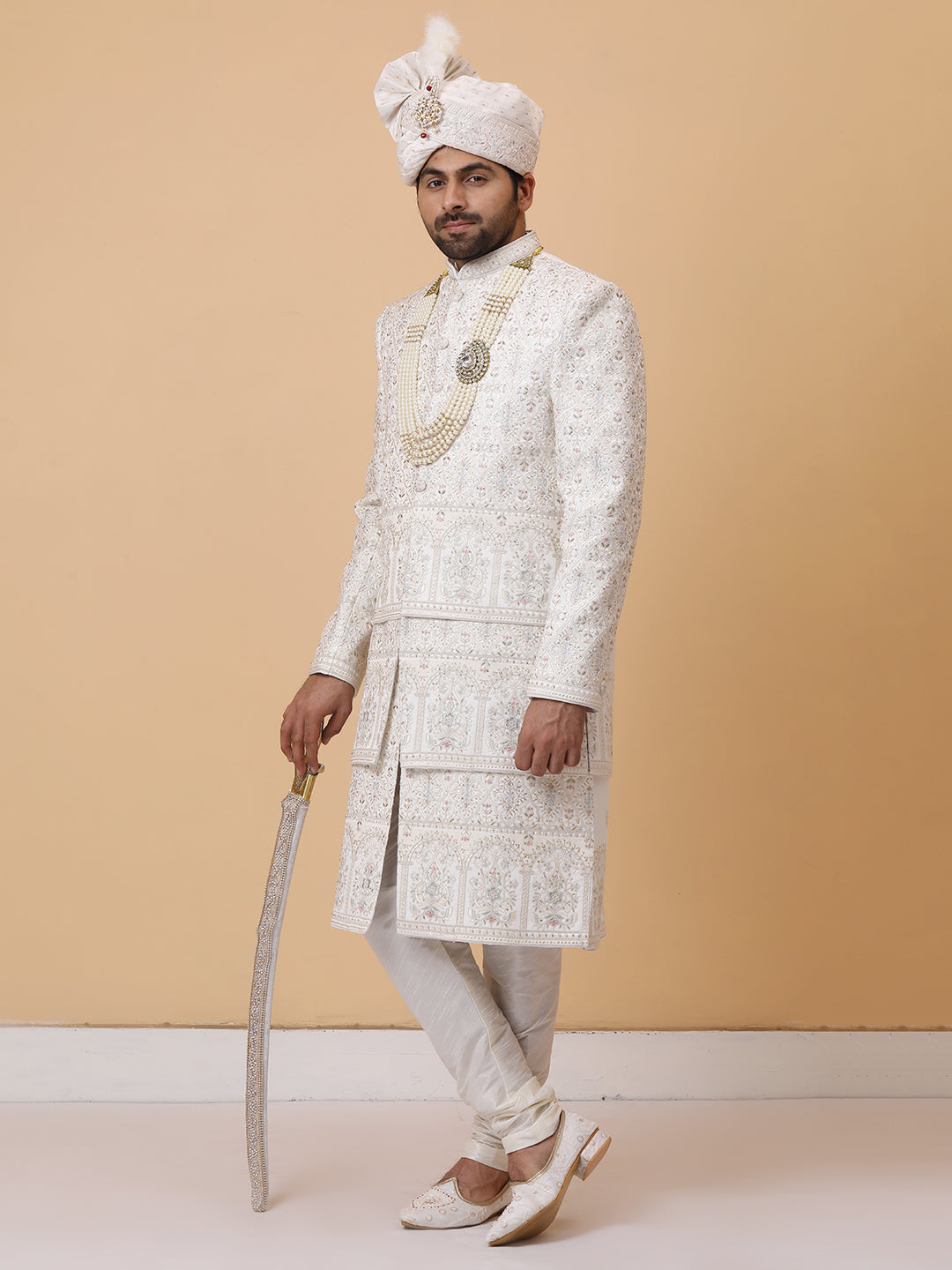 Exquisite Multi Layer Ivory Embellished Groom Sherwani
