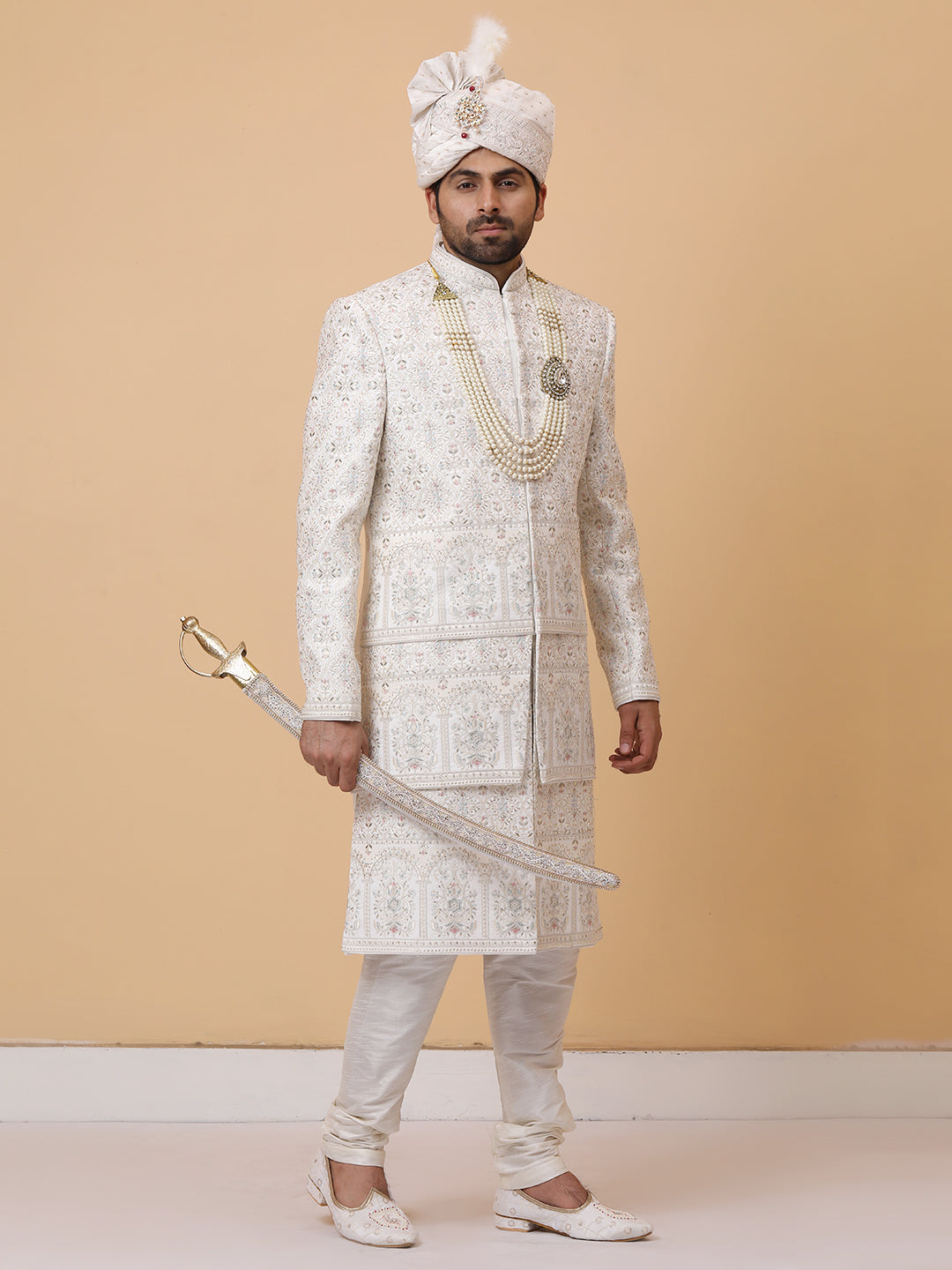 Exquisite Multi Layer Ivory Embellished Groom Sherwani