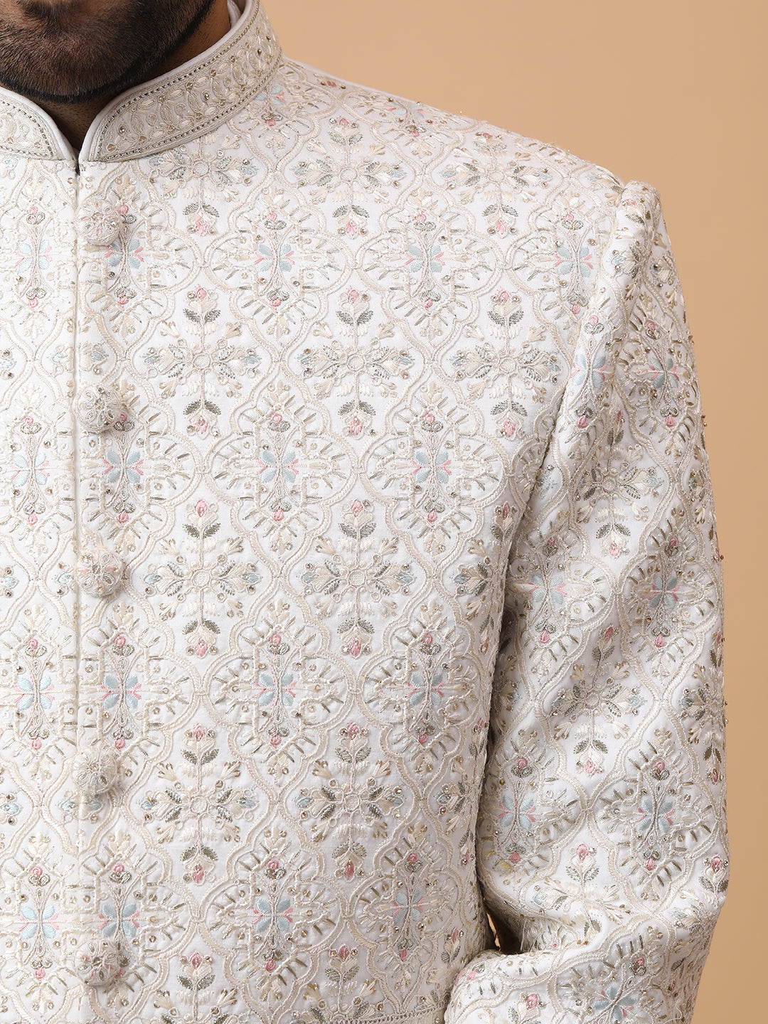 Exquisite Multi Layer Ivory Embellished Groom Sherwani