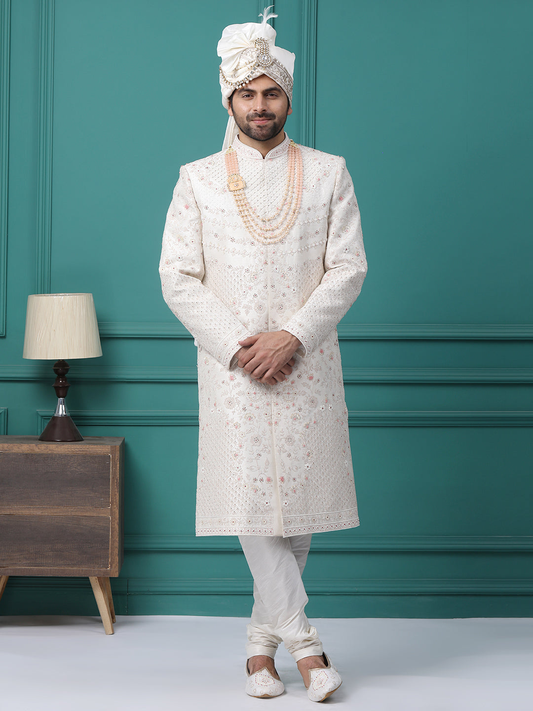 Exquisite Off White Hand Embroideried Groom Sherwani