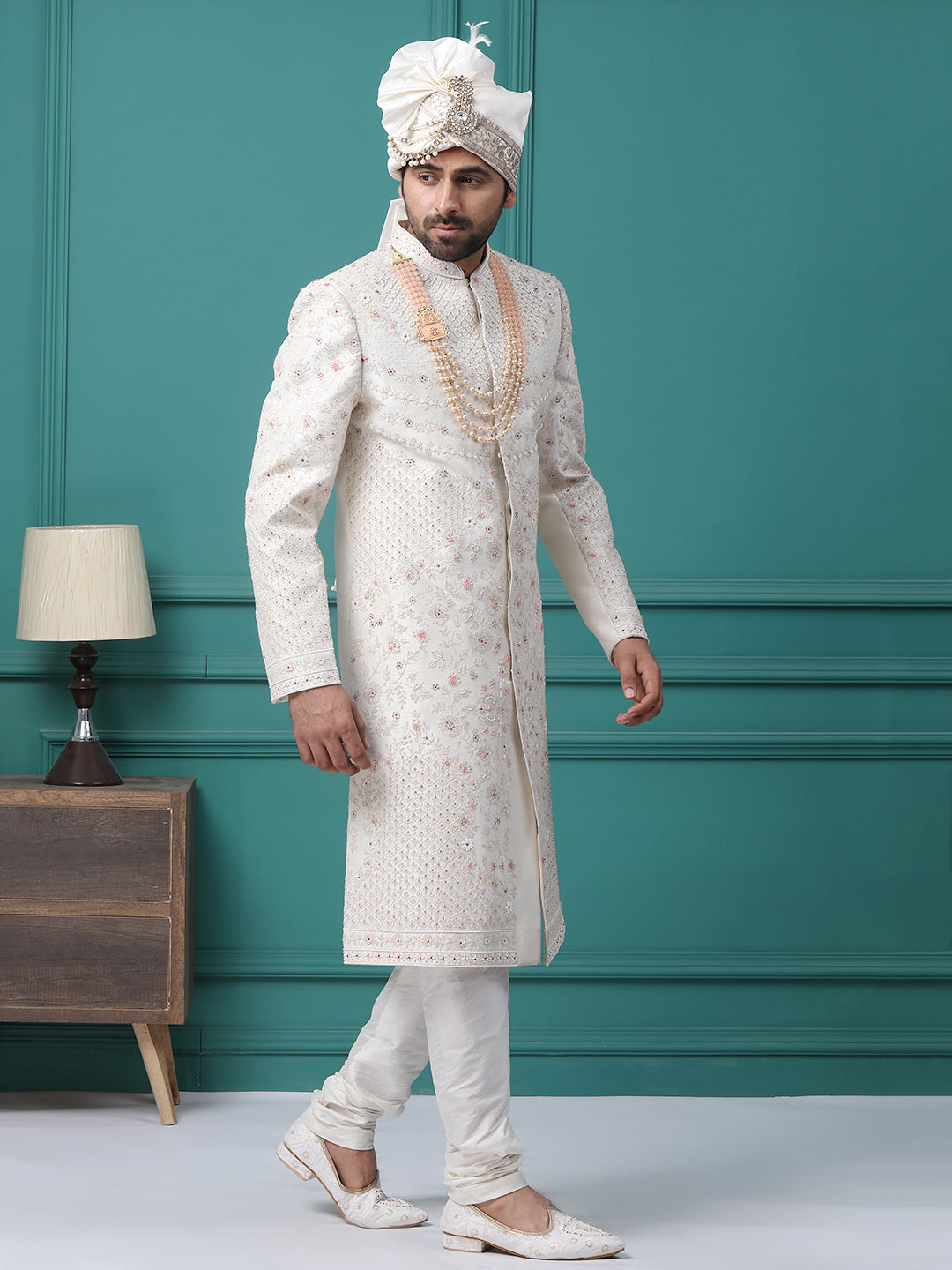 Exquisite Off White Hand Embroideried Groom Sherwani