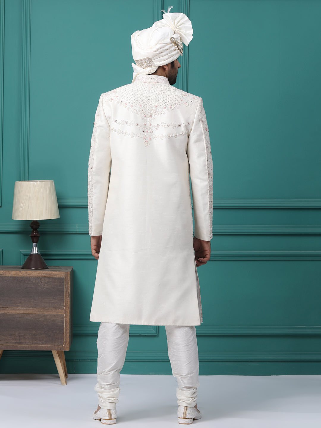 Exquisite Off White Hand Embroideried Groom Sherwani