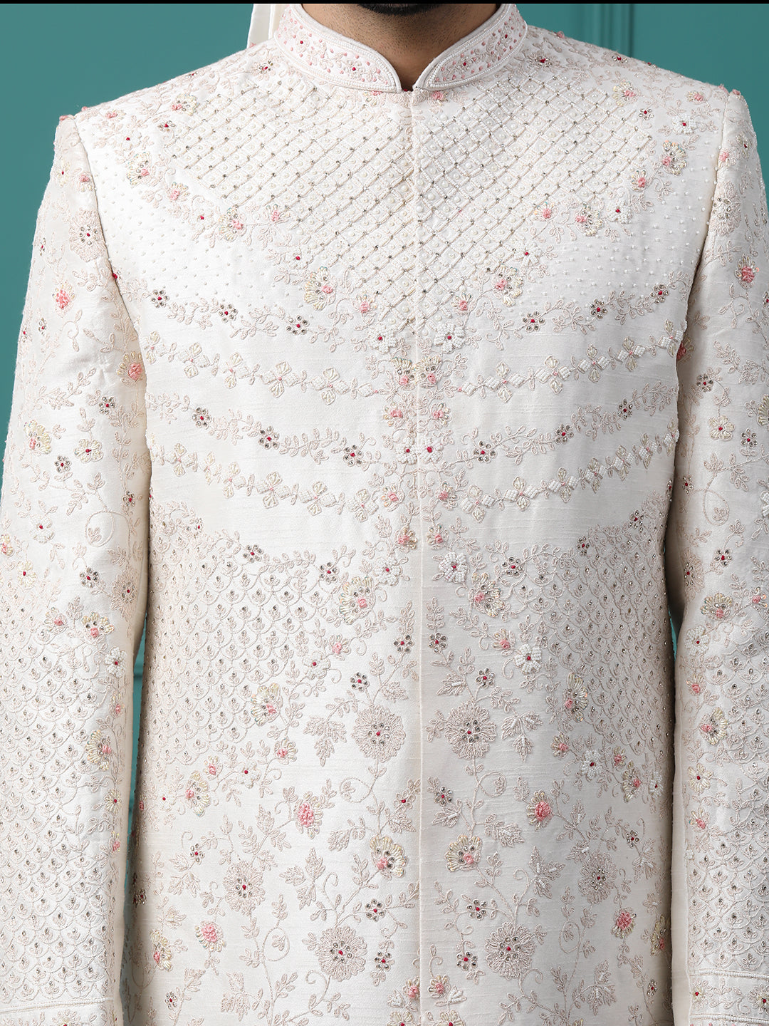 Exquisite Off White Hand Embroideried Groom Sherwani