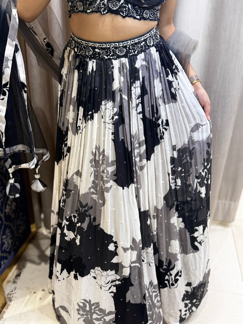 Floral black and white girlish lehenga with hand embroidery on bustier
