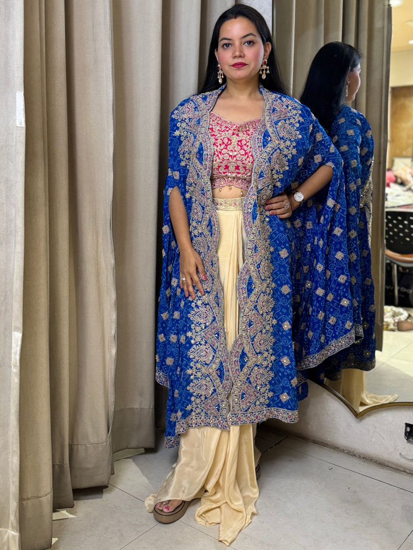 Golden Dhoti set with Rani color Blouse and heavy bandhani Royal Blue shrug