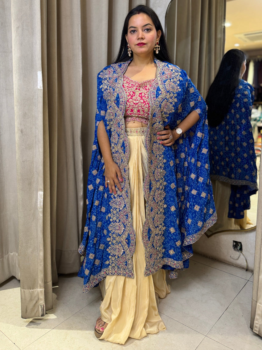 Golden Dhoti set with Rani color Blouse and heavy bandhani Royal Blue shrug