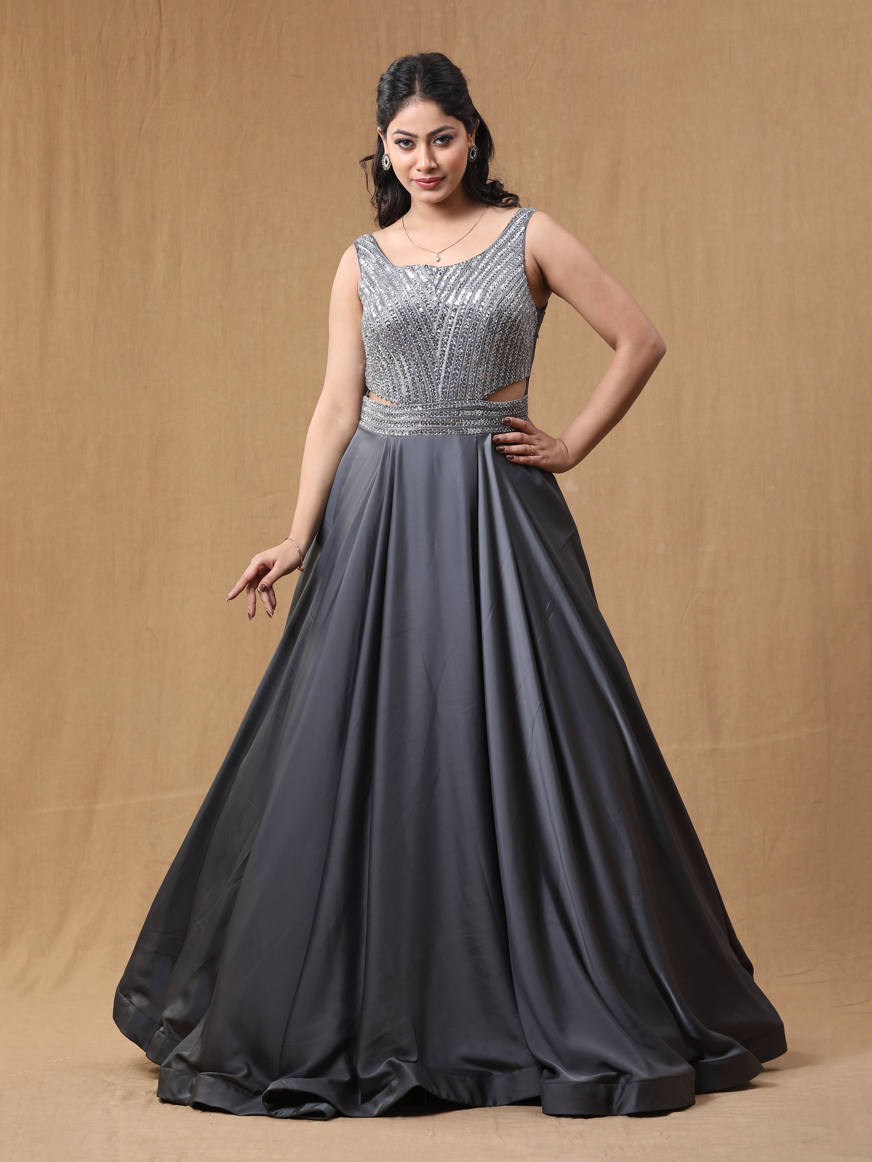 Grey Satin Handwork Dress