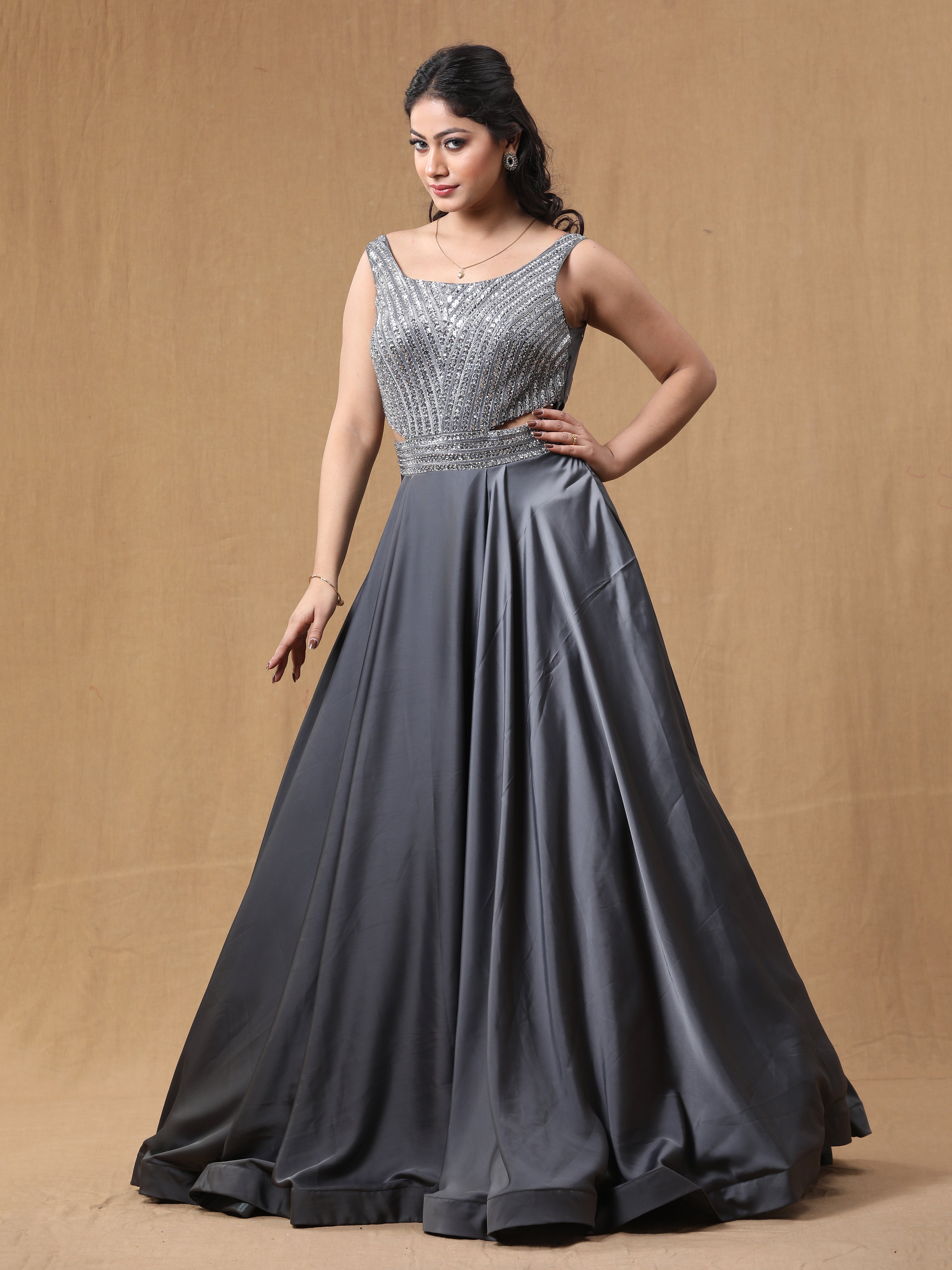 Grey Satin Handwork Dress