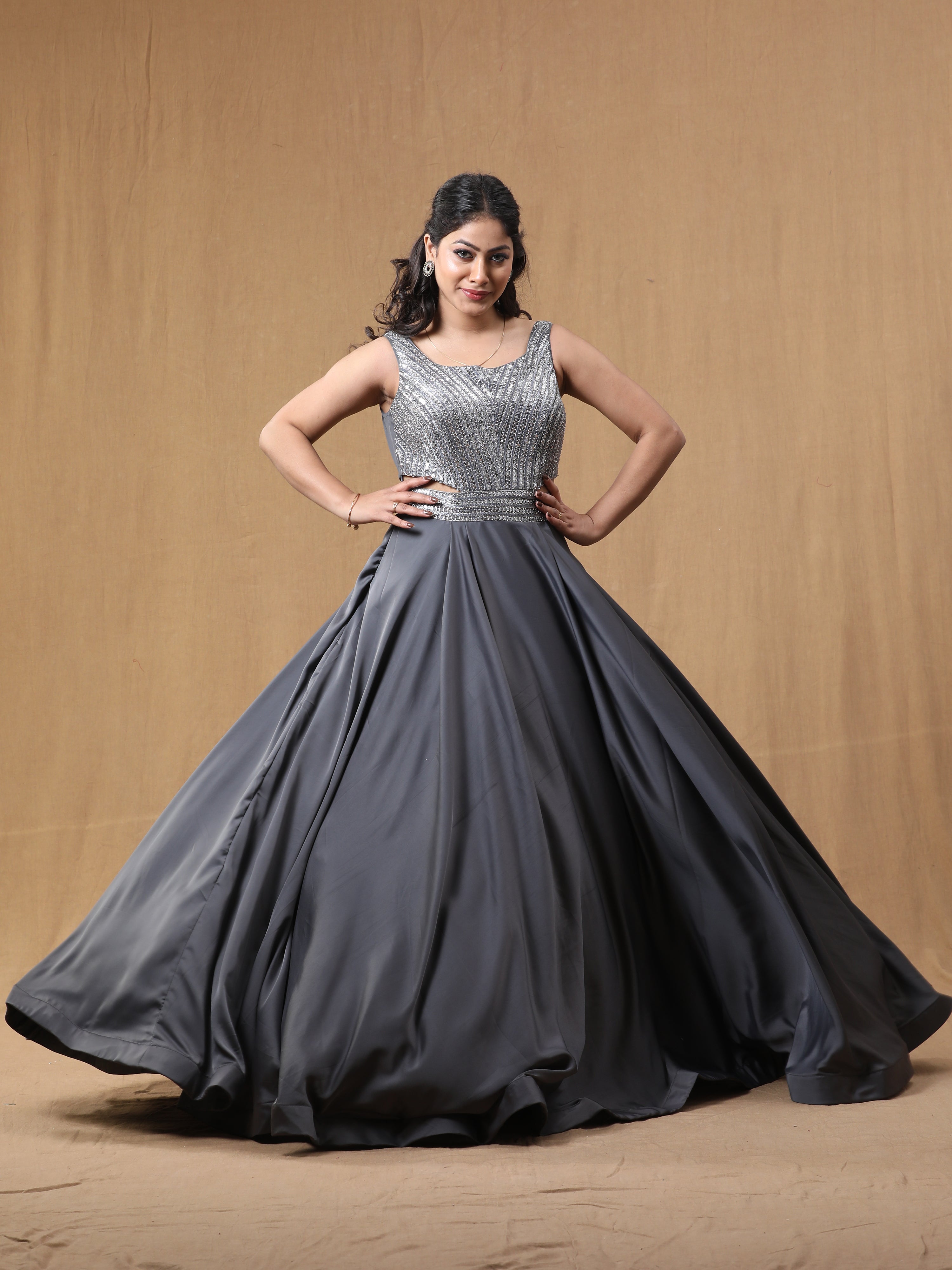 Grey Satin Handwork Dress