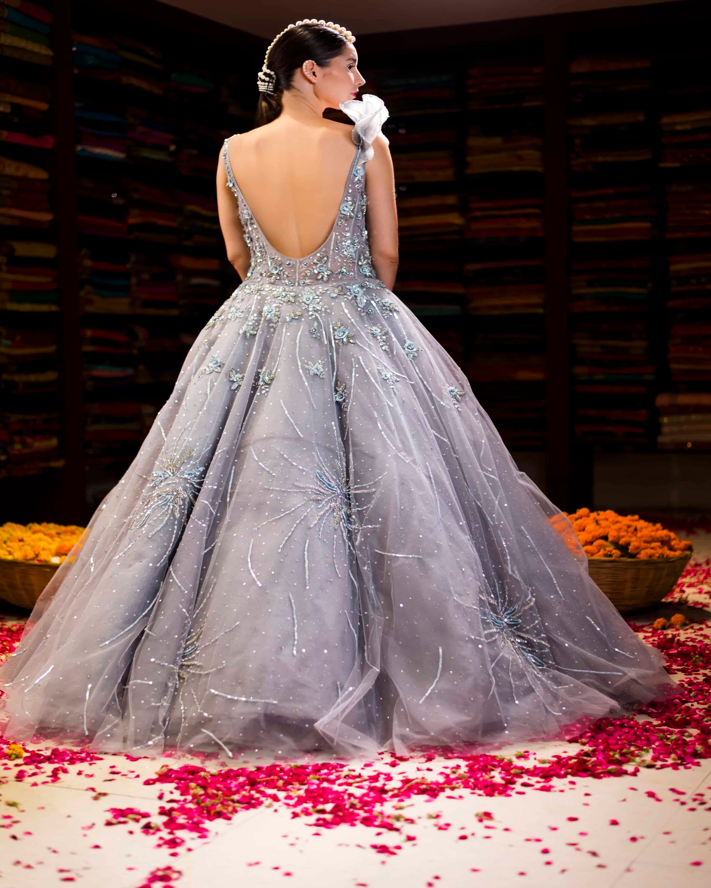 Grey Western Ball Gown with Aplique Handwork Back