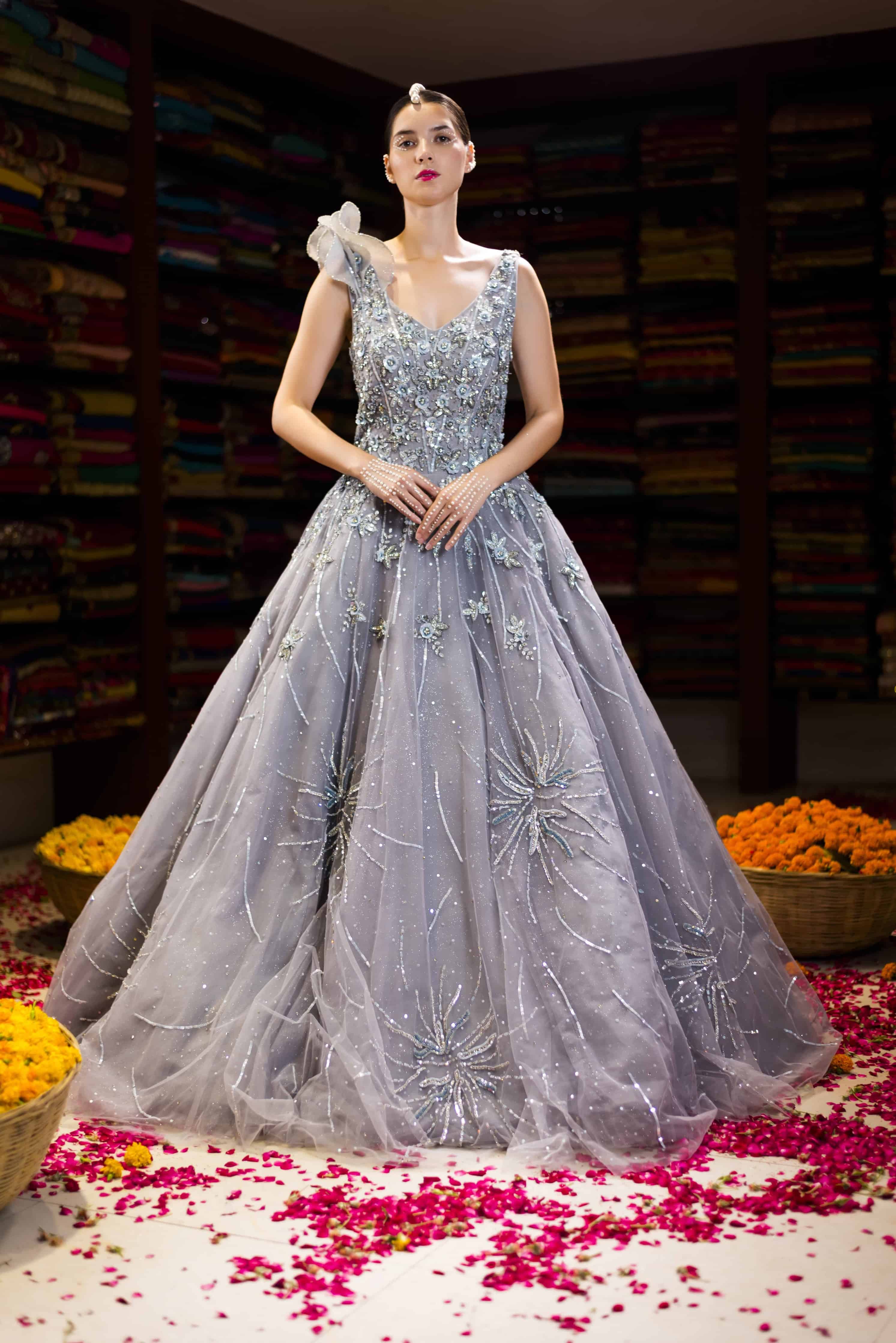 Grey Western Ball Gown with Aplique Handwork Back