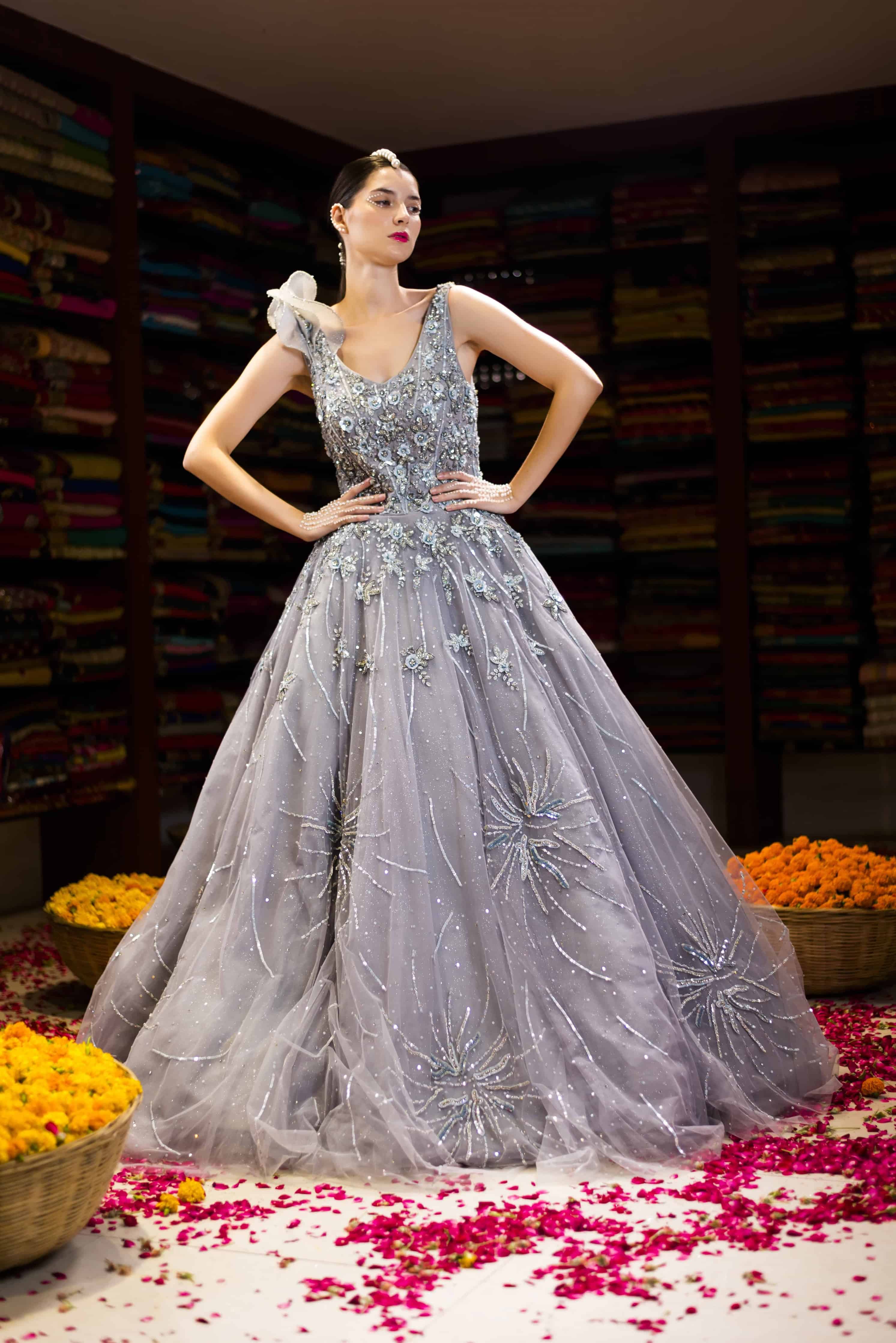 Grey Western Ball Gown with Aplique Handwork Back