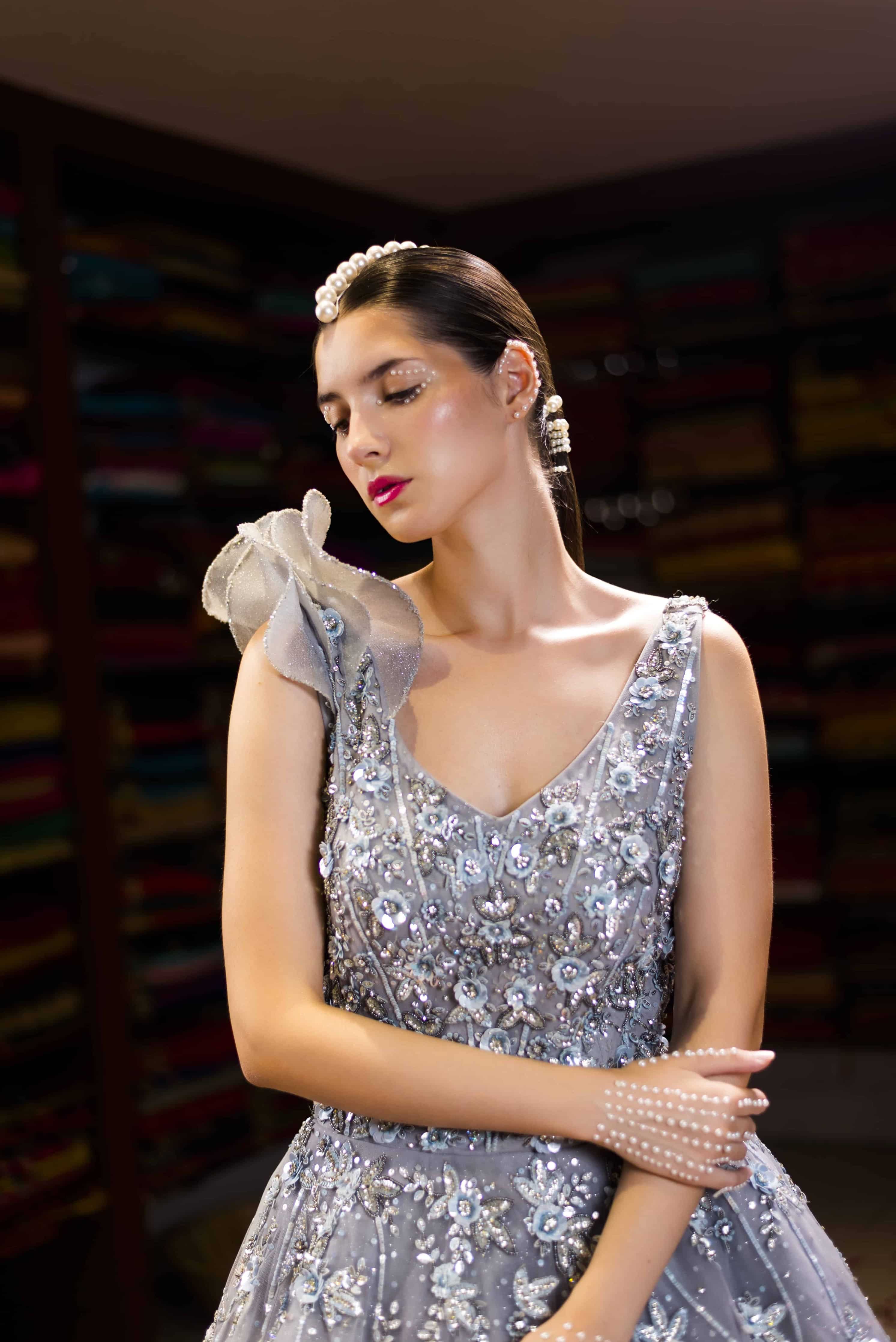 Grey Western Ball Gown with Aplique Handwork Back