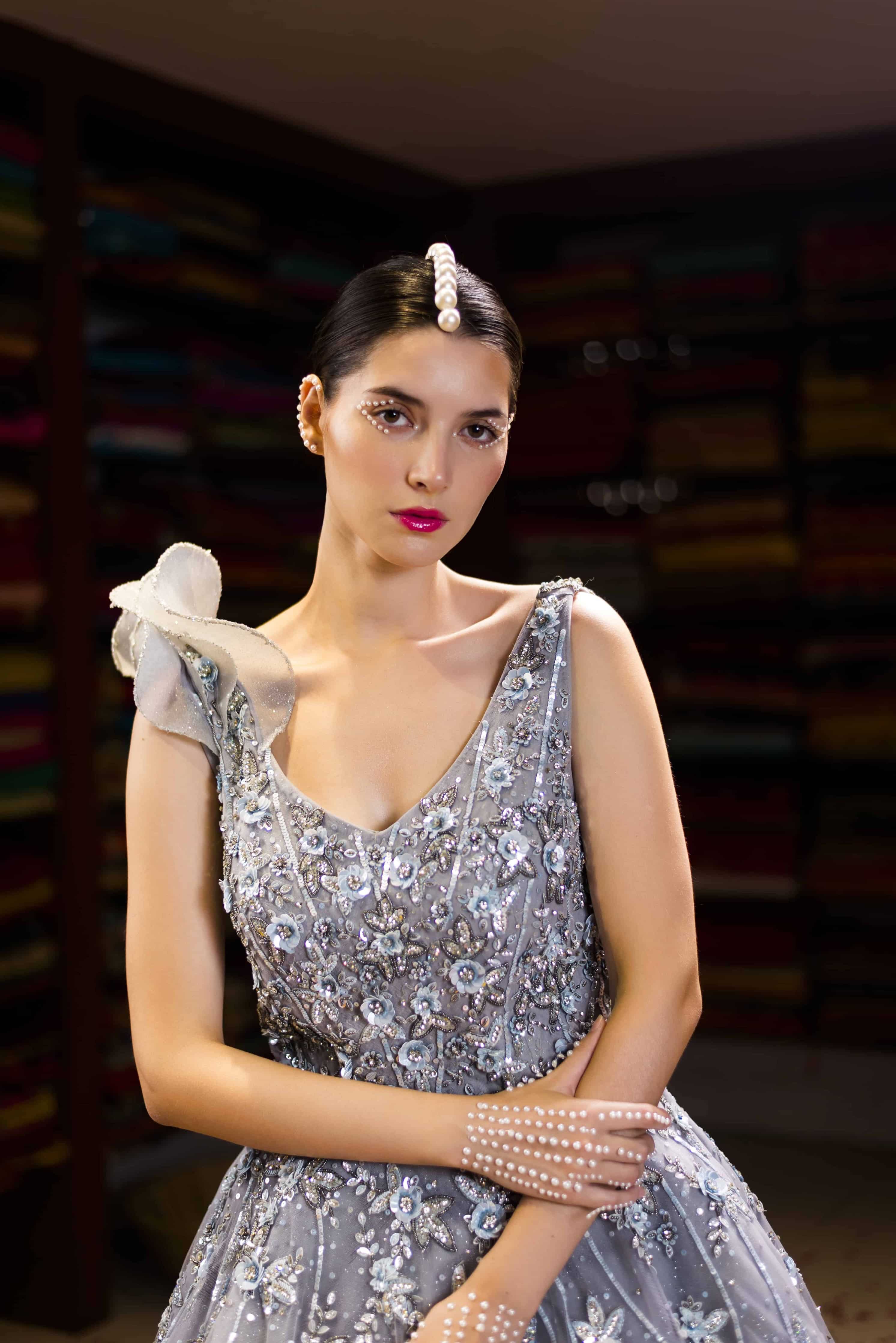 Grey Western Ball Gown with Aplique Handwork Back