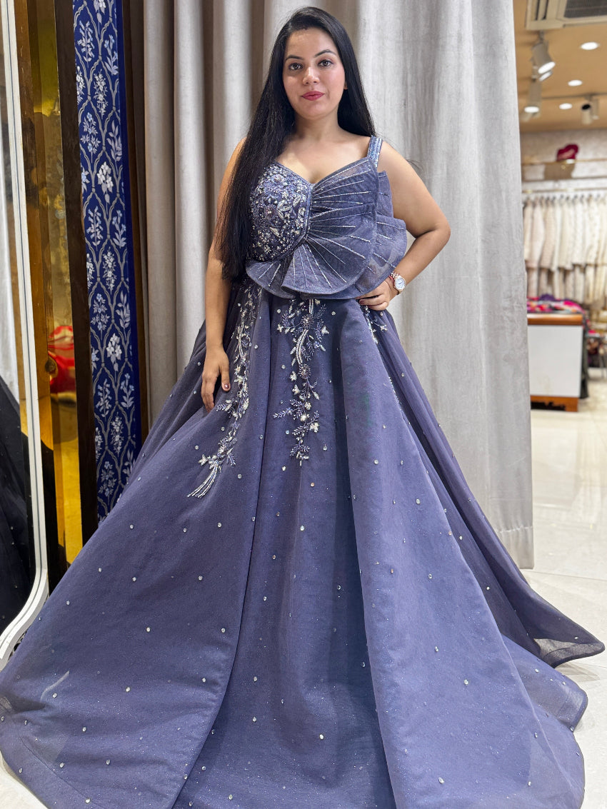 Greyish blue hand embroidered ball gown with designer details