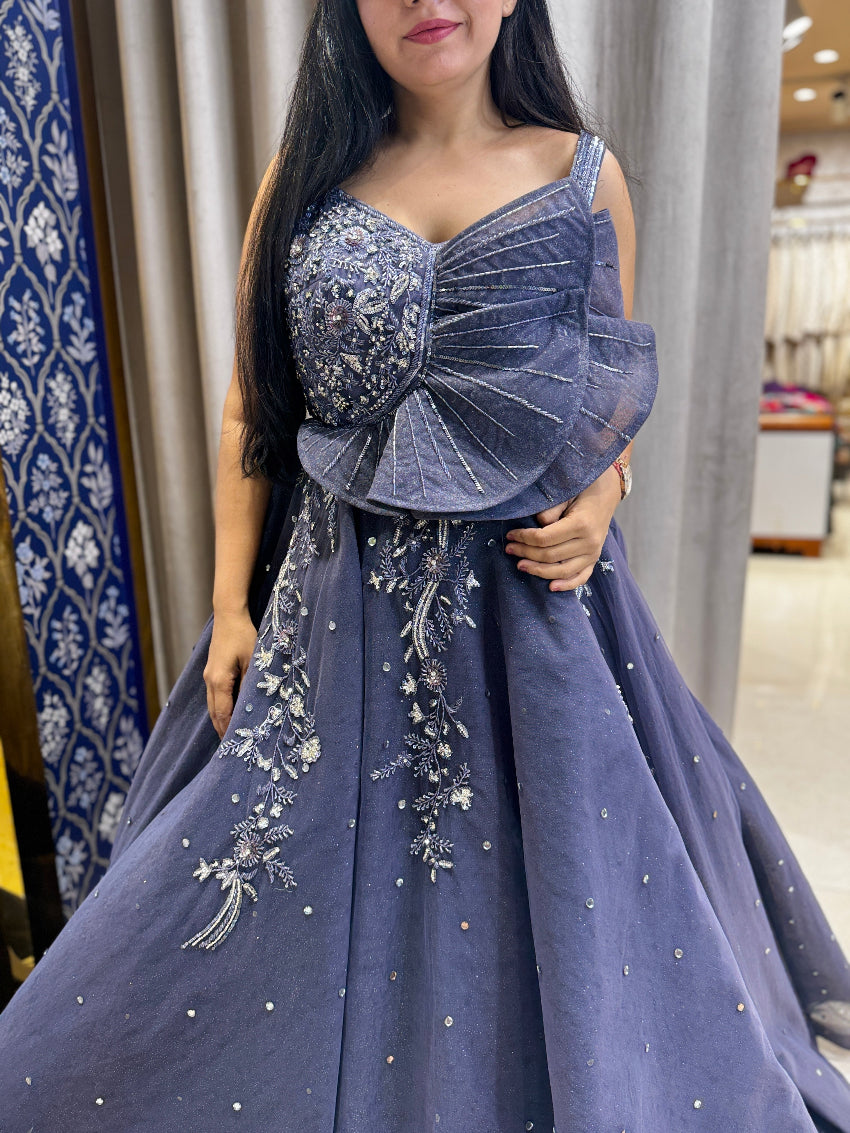 Greyish blue hand embroidered ball gown with designer details